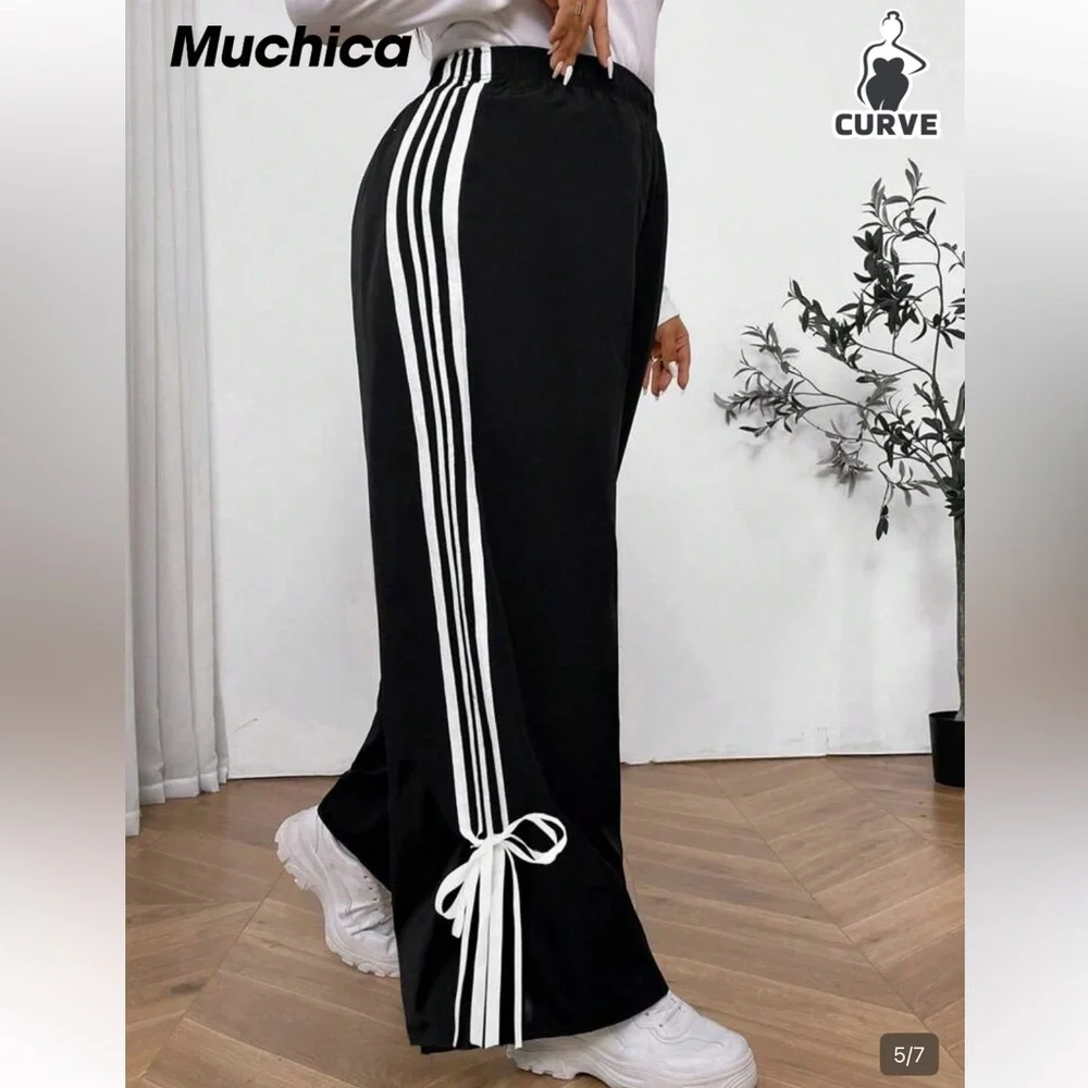 SHEIN 4X elastic waist Black Wide-Leg Track Pants with Side Stripes and Ties - Picture 2 of 5
